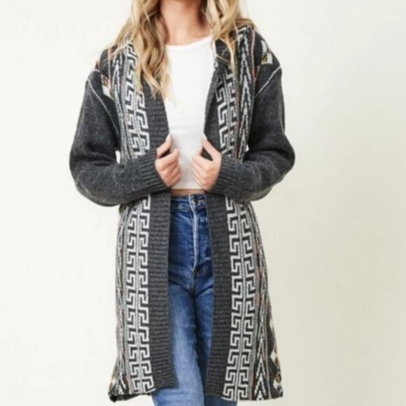 On Blue Women's Size Small Aztec Cardigan Hooded Open Boho - Picture 1 of 7